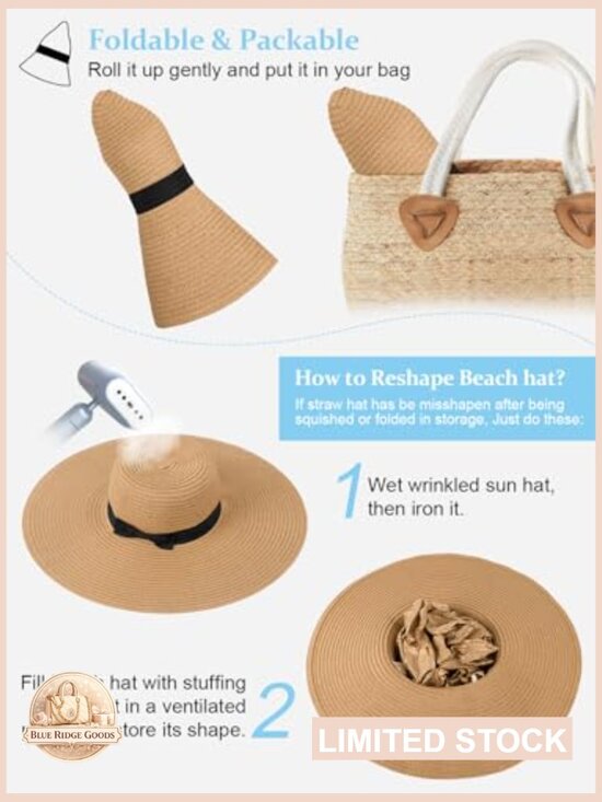 Oversize Wide Brim Straw Beach Hat Floppy Foldable Roll-Up Sun Hat UPF 50+ main image 6